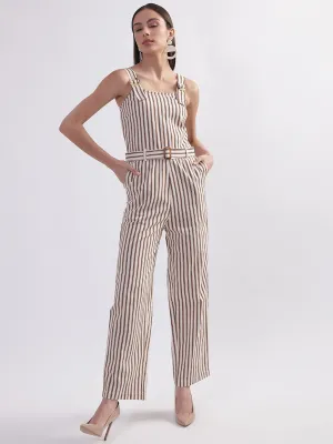 Elle Women Beige Striped Shoulder Straps Sleeveless Basic Jumpsuit