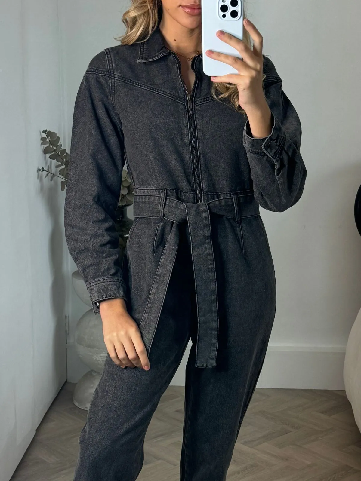 Enya Denim Jumpsuit in Washed Black