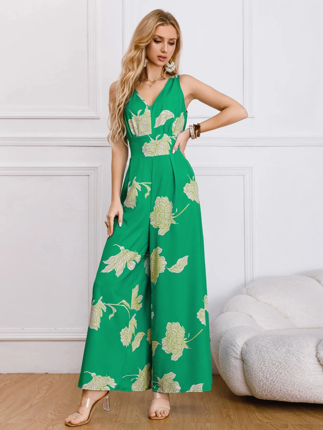 Fashion Elegant Printed Wide Leg Jumpsuit Women Summer New Backless Strappy Vest Women's Jumpsuits