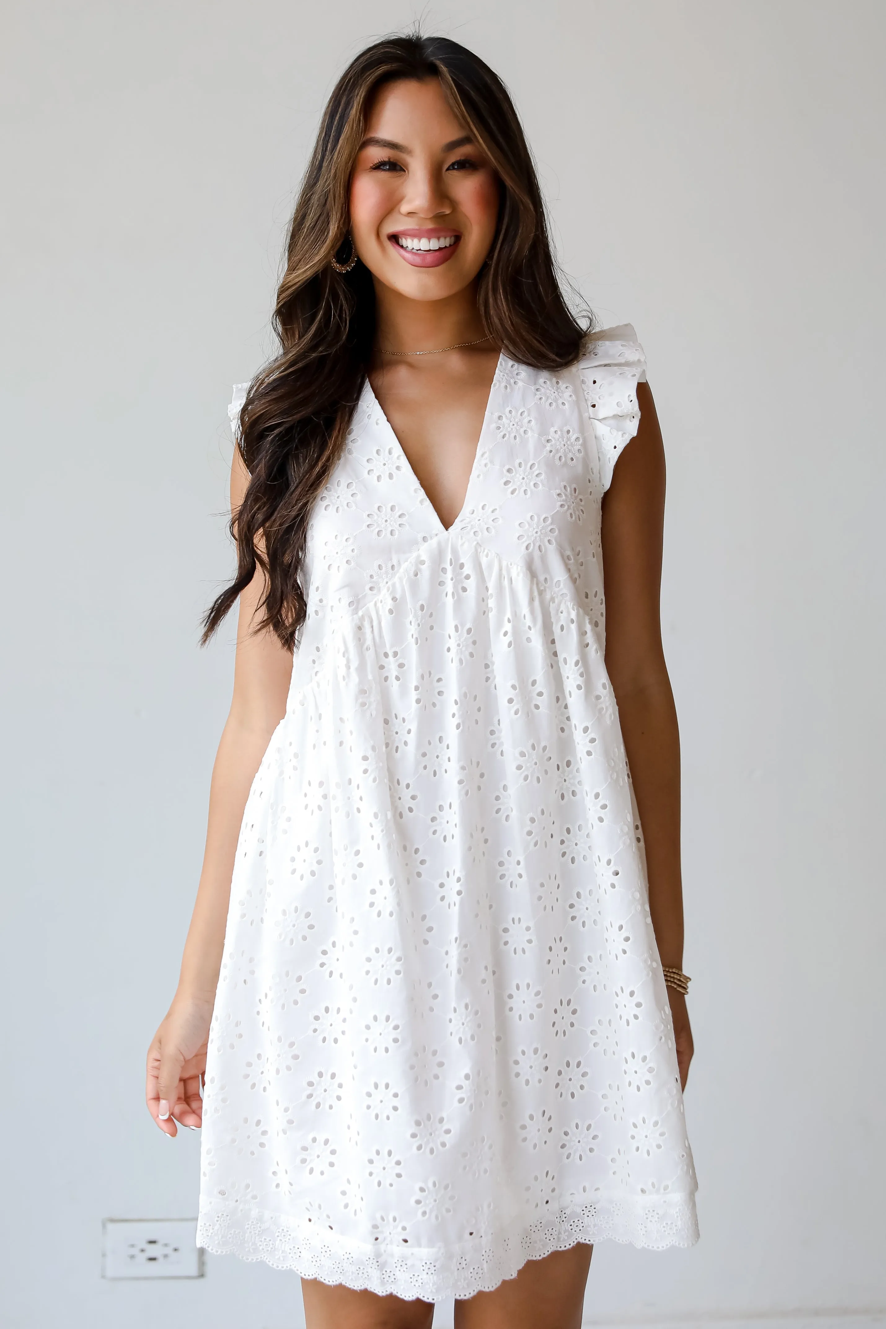 FINAL SALE - Deeply Delightful White Eyelet Babydoll Mini Dress