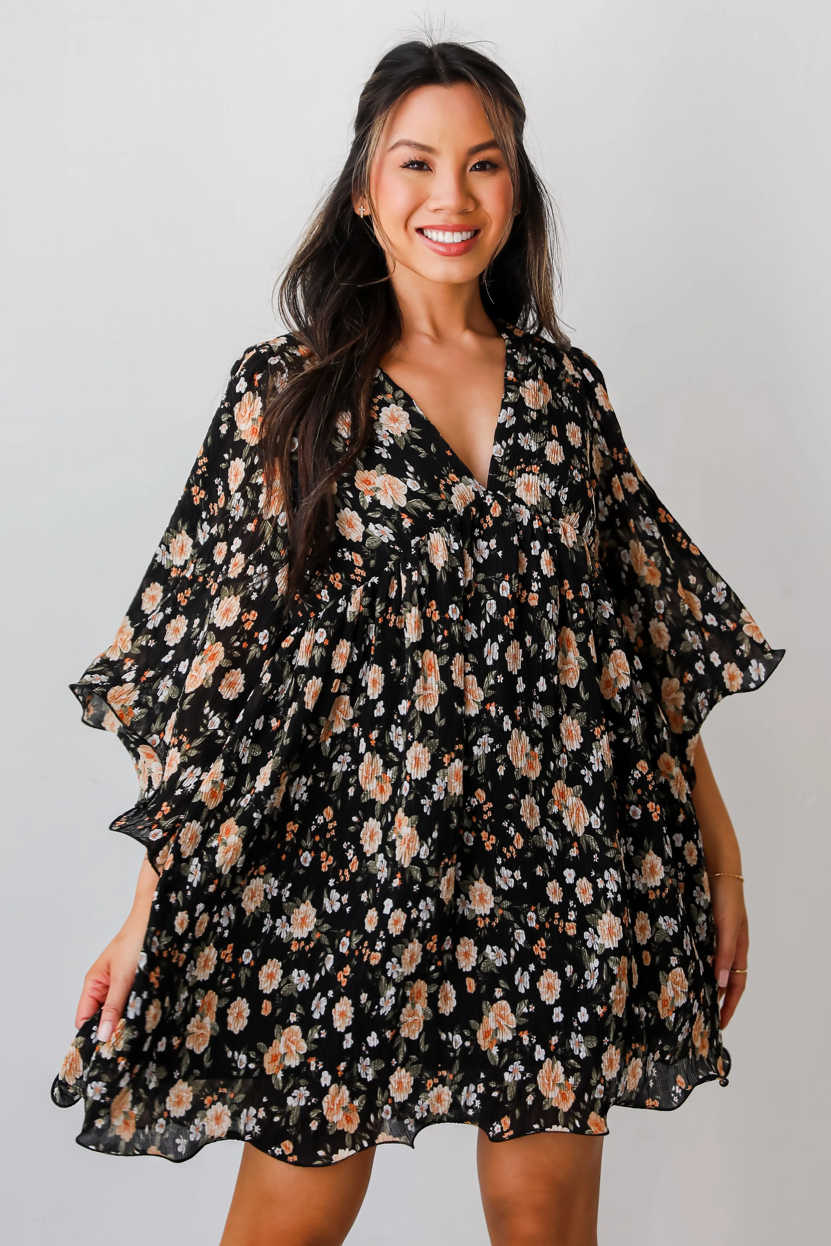 FINAL SALE - Ready To Blossom Black Floral Babydoll Mini Dress