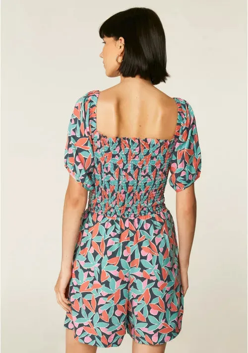 Floral Bird of Paradise Print Smocked Playsuit