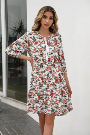 Floral Tie Neck Babydoll Dress