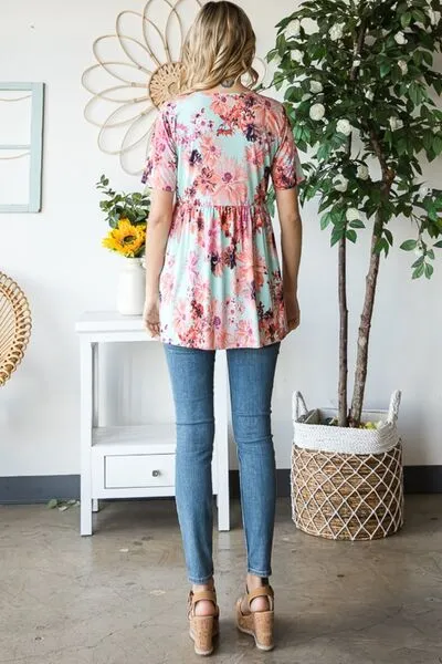 Floral V-Neck Short Sleeve Babydoll Blouse