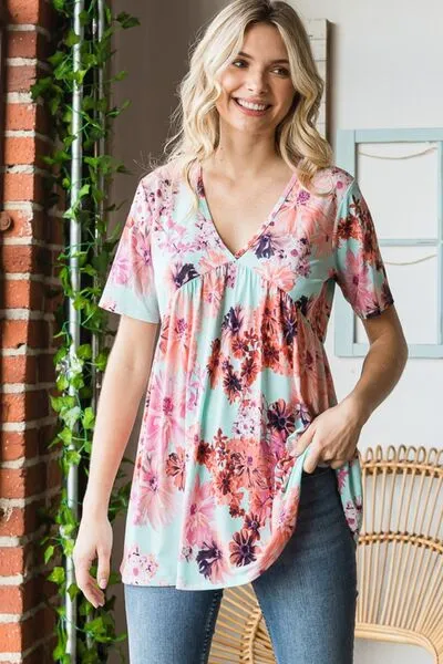 Floral V-Neck Short Sleeve Babydoll Blouse