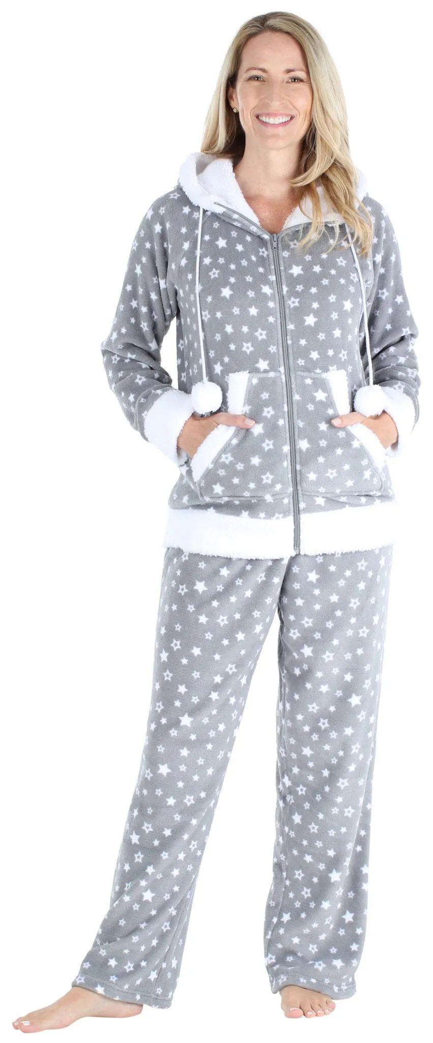 Frankie & Johnny Women’s Fleece 2-Piece Full Zip Hooded Jacket Loungewear Pajama Set