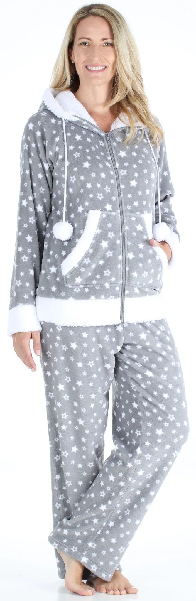 Frankie & Johnny Women’s Fleece 2-Piece Full Zip Hooded Jacket Loungewear Pajama Set