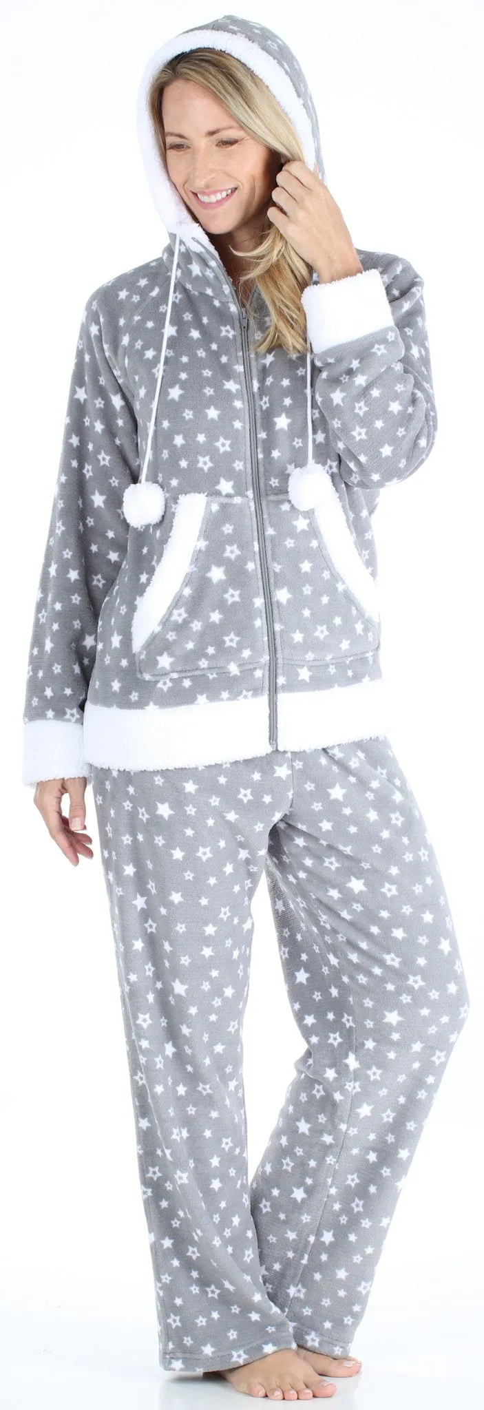 Frankie & Johnny Women’s Fleece 2-Piece Full Zip Hooded Jacket Loungewear Pajama Set