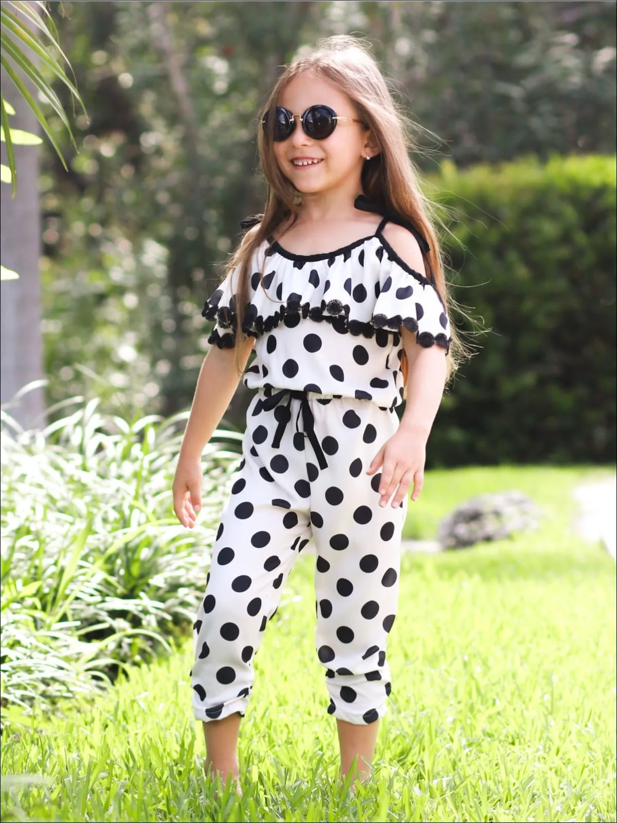 Girls Beige And Black Polka Dot Off the Shoulder Crochet Ruffled Drawstring Jumpsuit