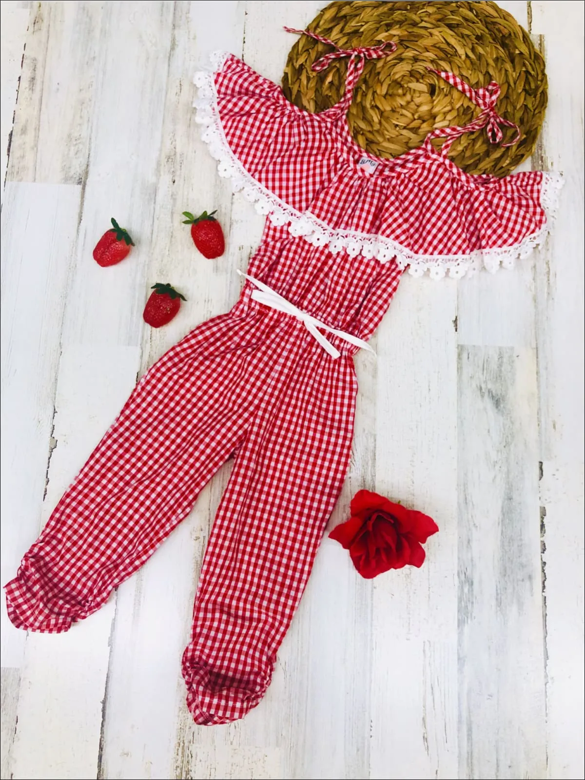 Girls Off the Shoulder Crochet Trimmed Ruffle Jumpsuit