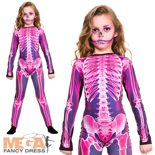 Girls Pink X-Ray Skeleton Jumpsuit Halloween Fancy Dress Costume