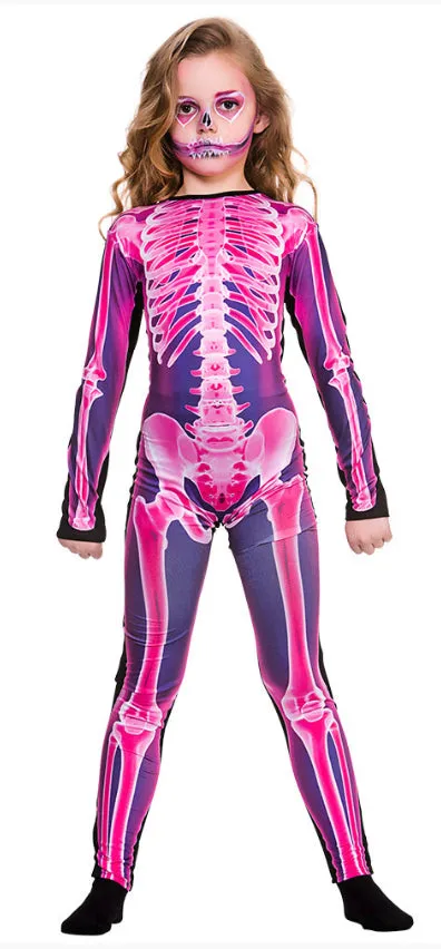 Girls Pink X-Ray Skeleton Jumpsuit Halloween Fancy Dress Costume