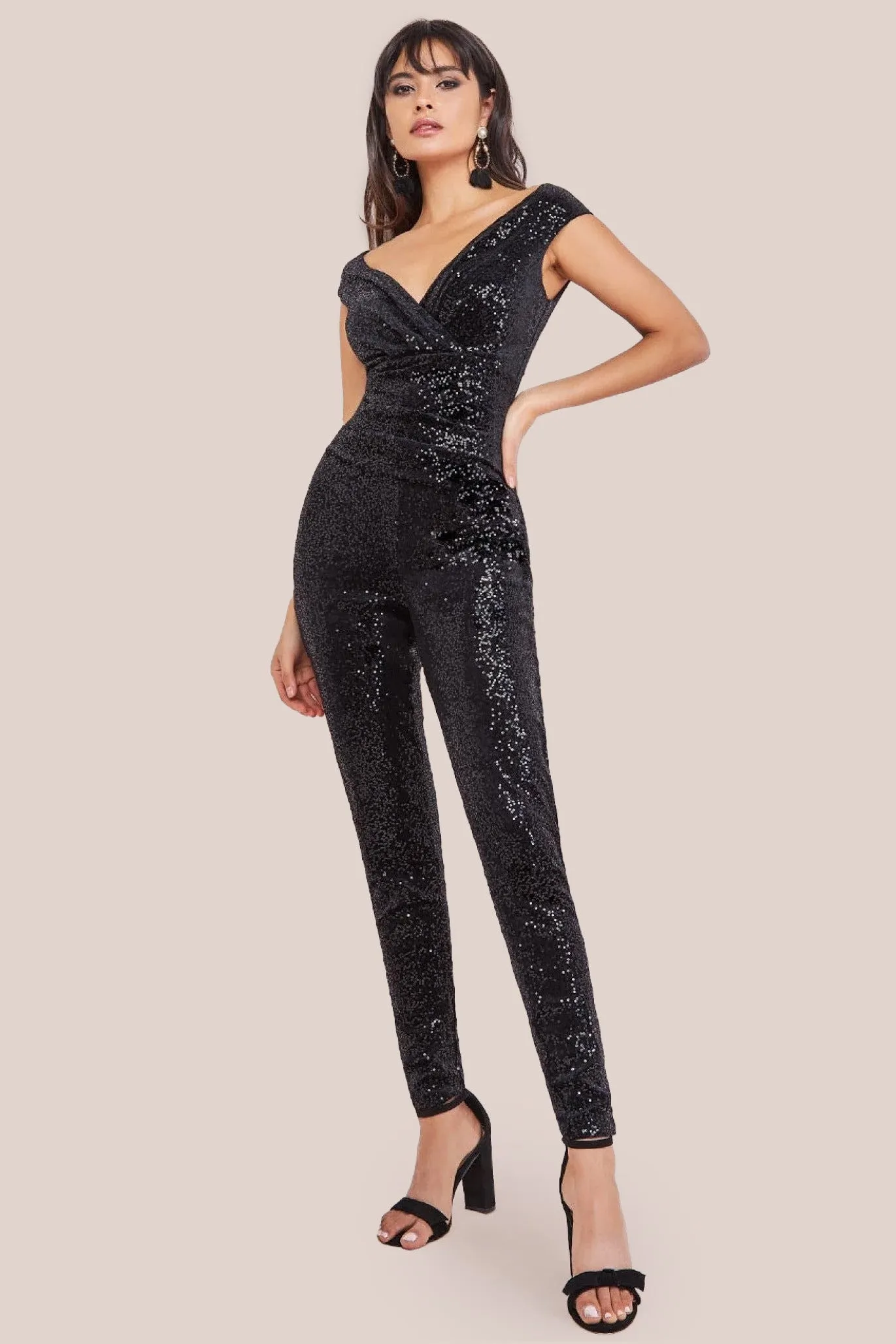 Goddiva Patterned Sequin Velvet Wrap Bardot Jumpsuit