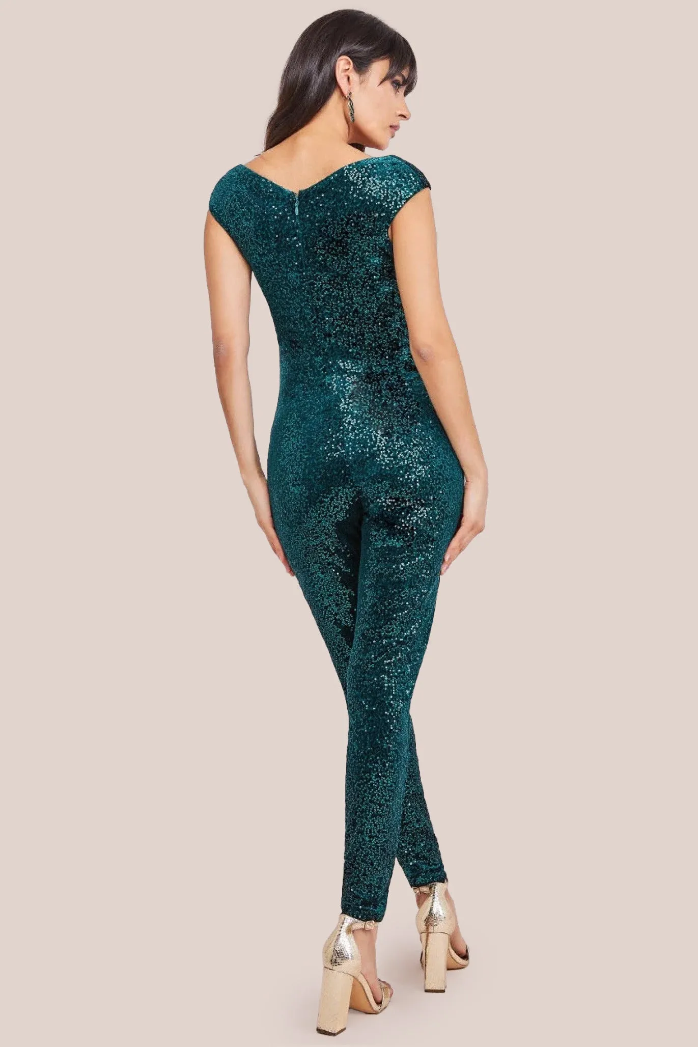 Goddiva Patterned Sequin Velvet Wrap Bardot Jumpsuit