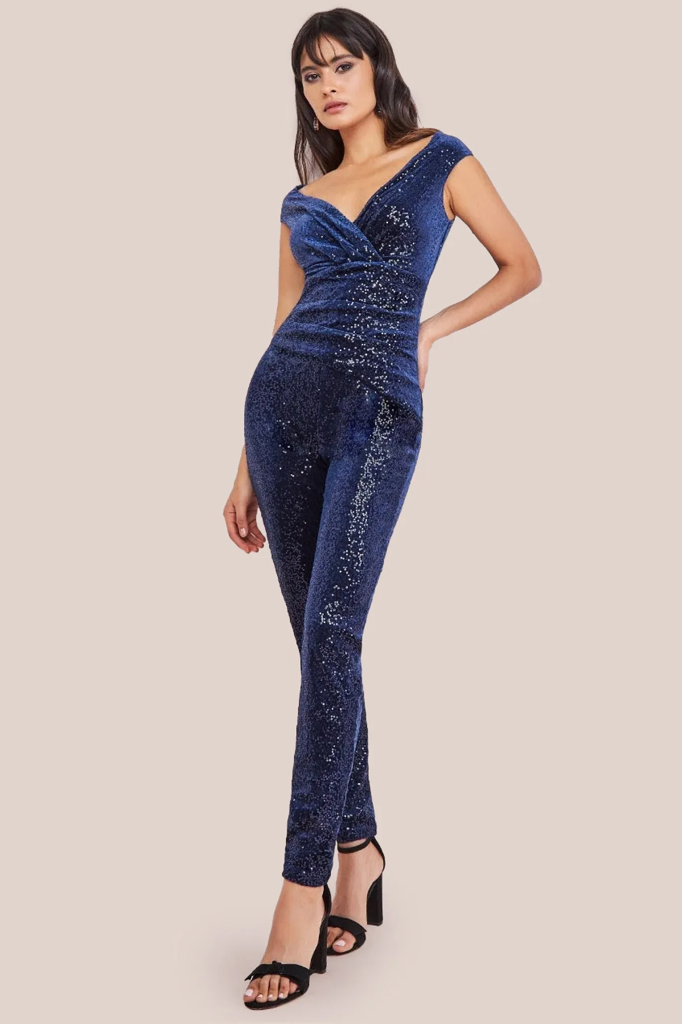 Goddiva Patterned Sequin Velvet Wrap Bardot Jumpsuit