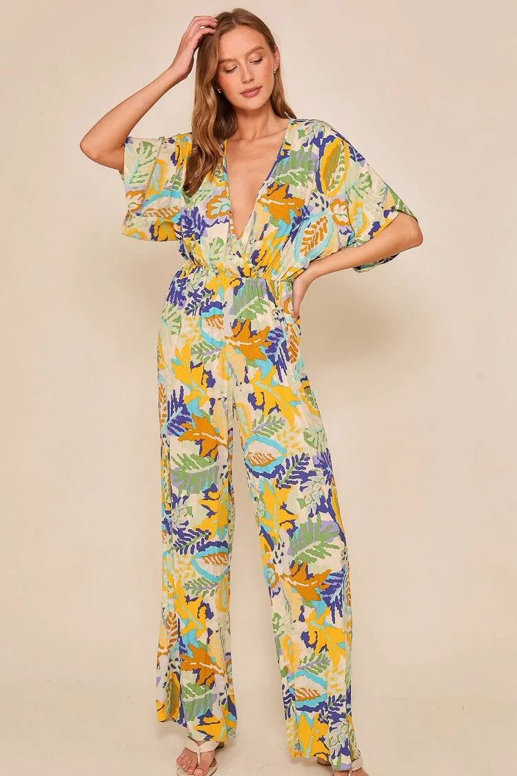 Green/Combo Tropical Print Jumpsuit