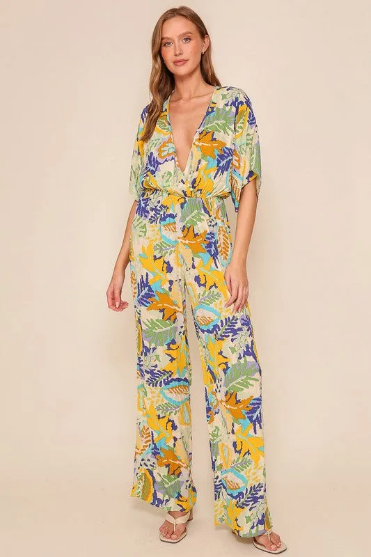 Green/Combo Tropical Print Jumpsuit