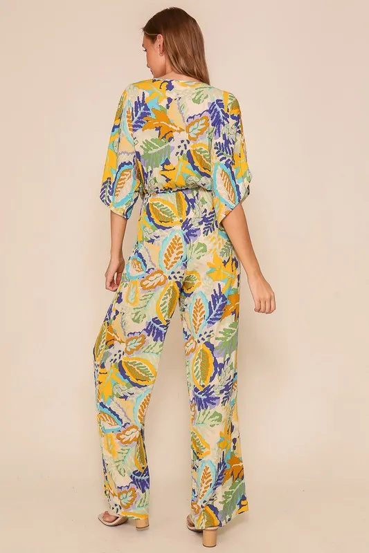 Green/Combo Tropical Print Jumpsuit