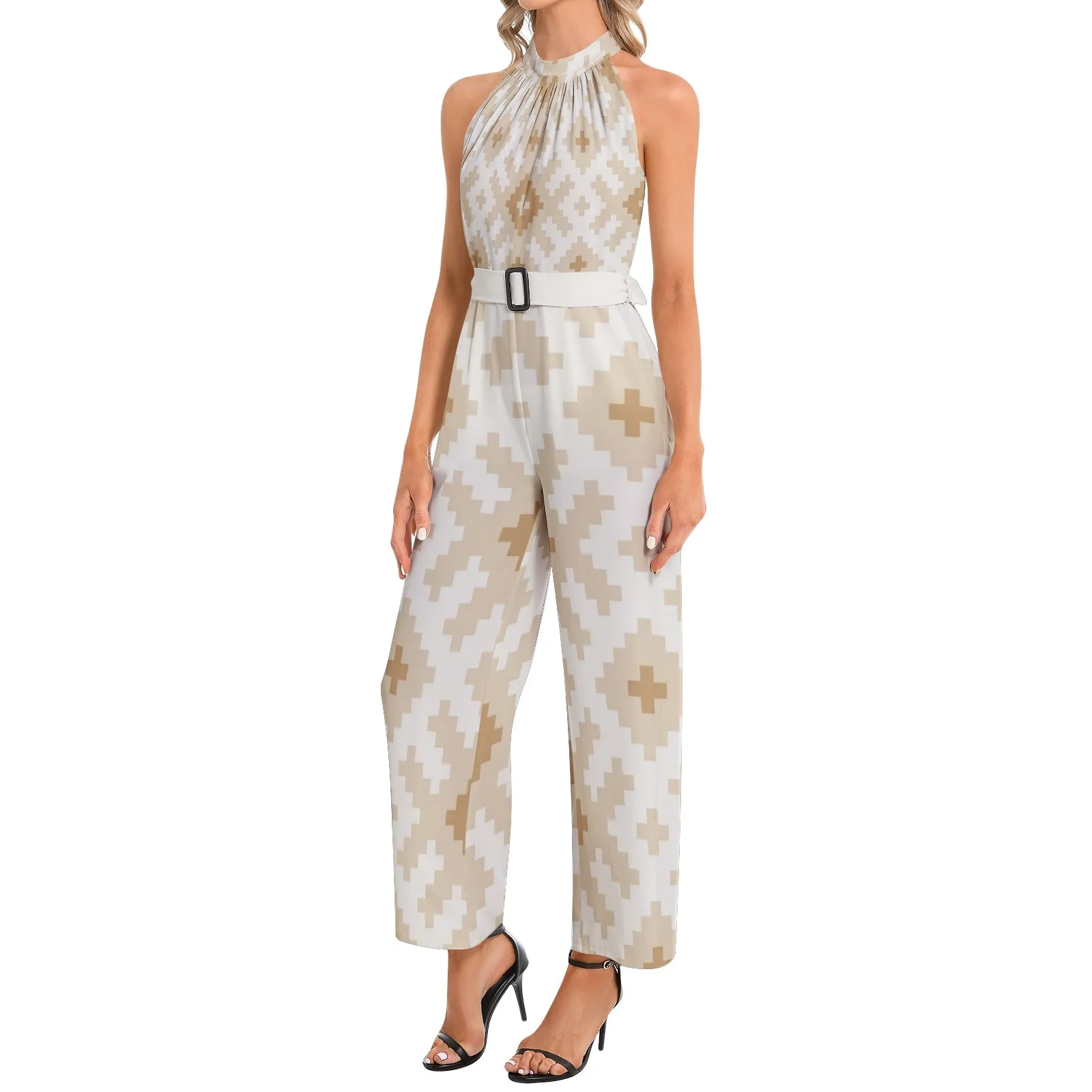 Halter Neck Buckle Belted Jumpsuit Sierra Cloud Print