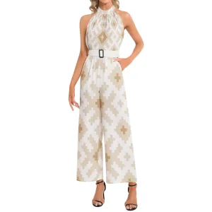 Halter Neck Buckle Belted Jumpsuit Sierra Cloud Print