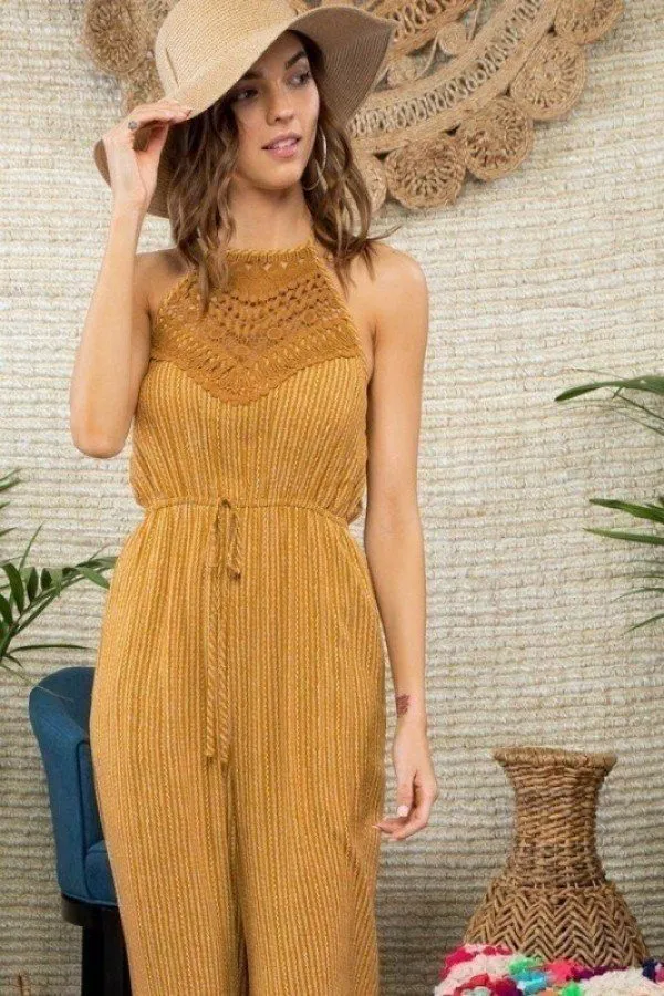 Halter Neck Front Lace Patch Detail Printed Jumpsuit