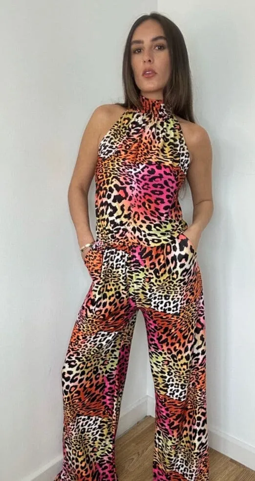 Halterneck Pink Leopard Jumpsuit