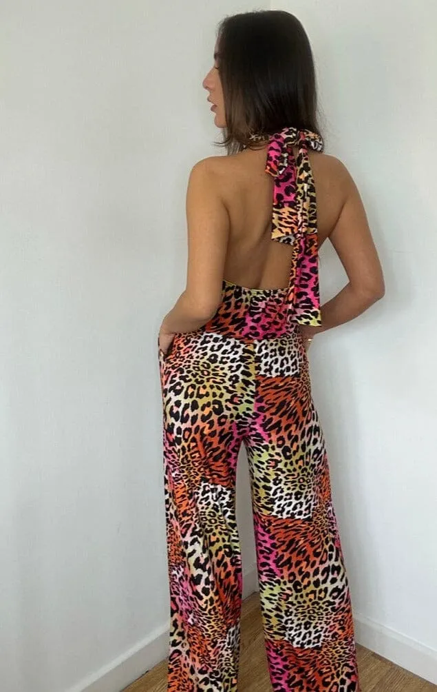 Halterneck Pink Leopard Jumpsuit