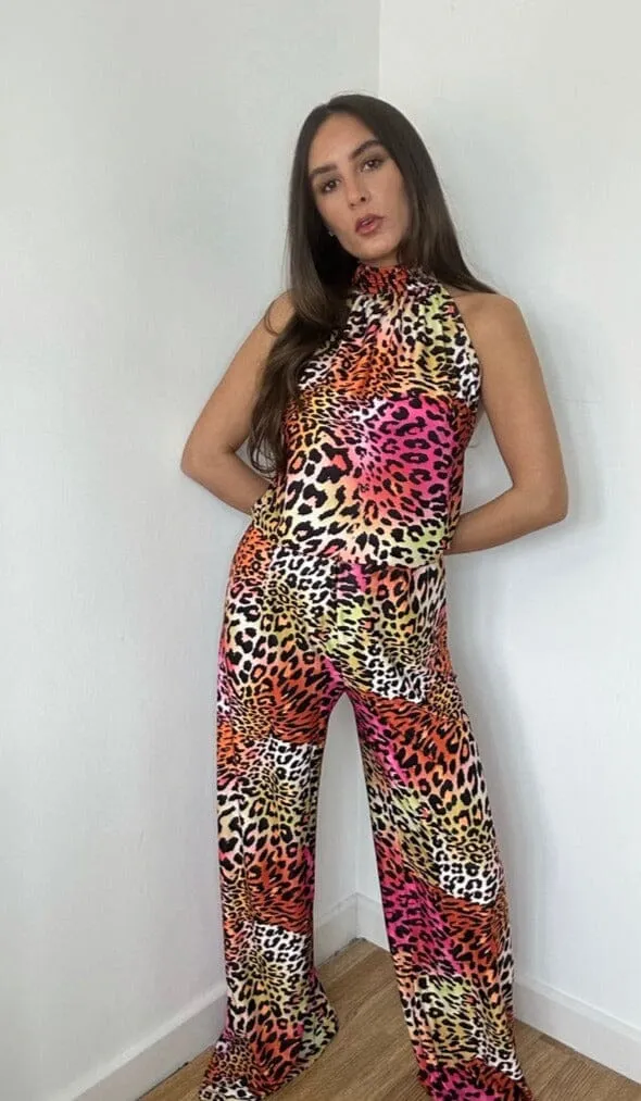 Halterneck Pink Leopard Jumpsuit