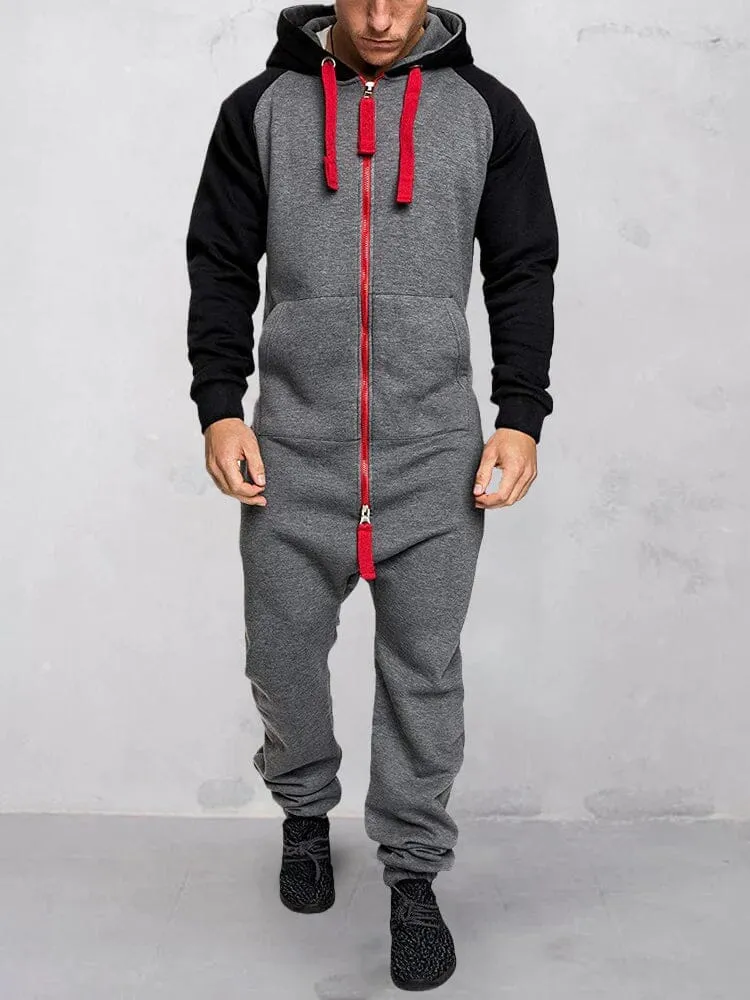 Hooded Fleece Solid Color Jumpsuit