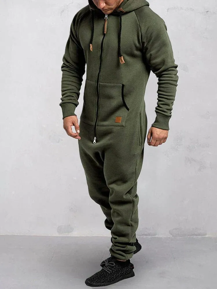 Hooded Fleece Solid Color Jumpsuit