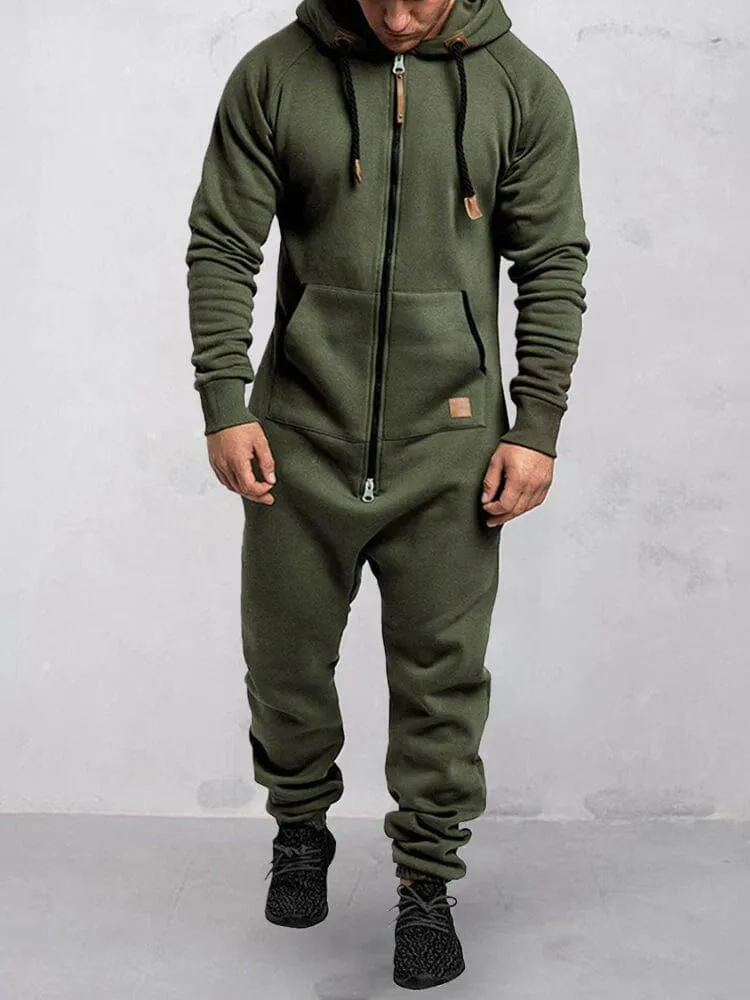 Hooded Fleece Solid Color Jumpsuit