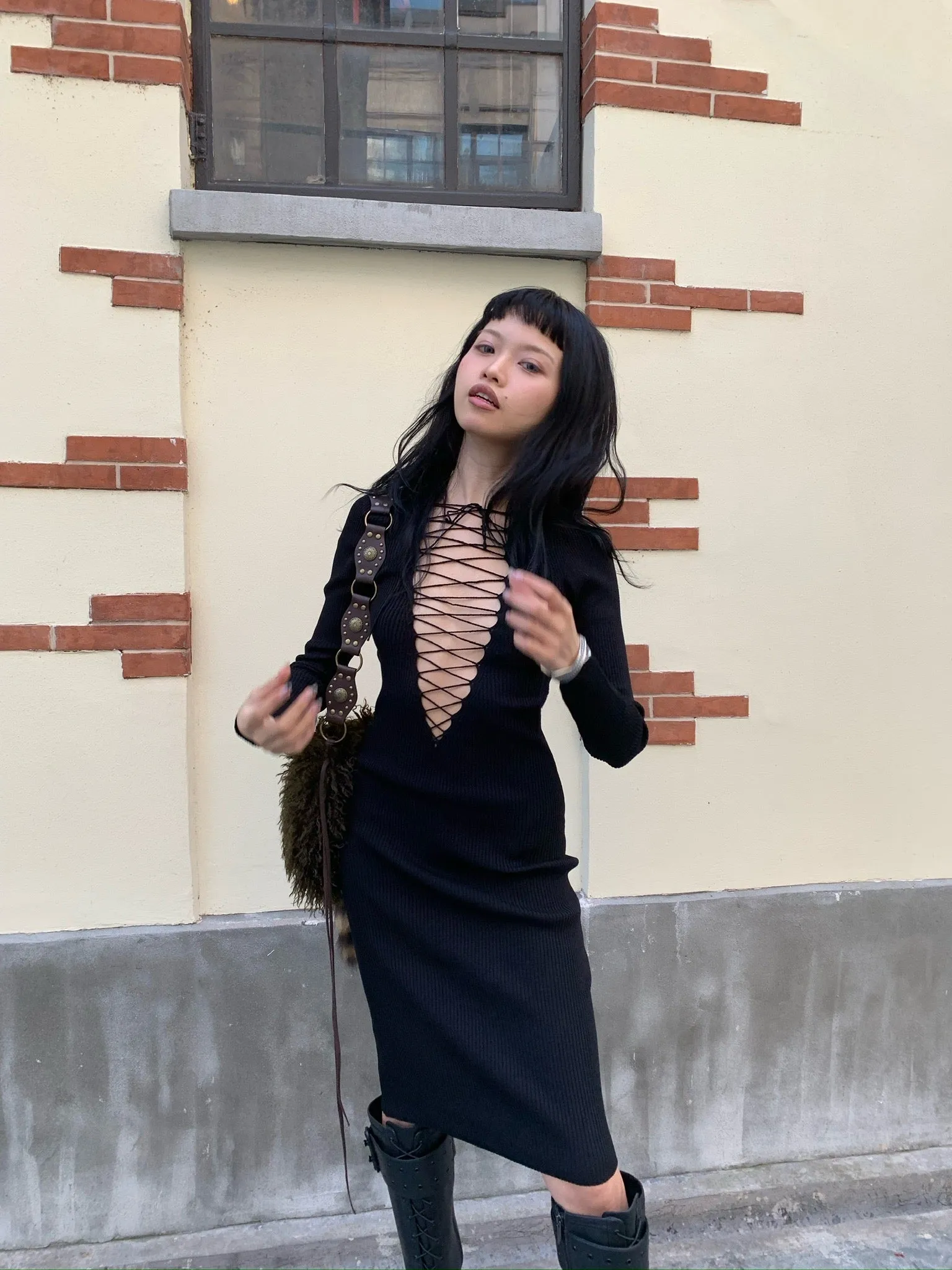 Hottie's autumn/winter sexy lace knit black slimming dress