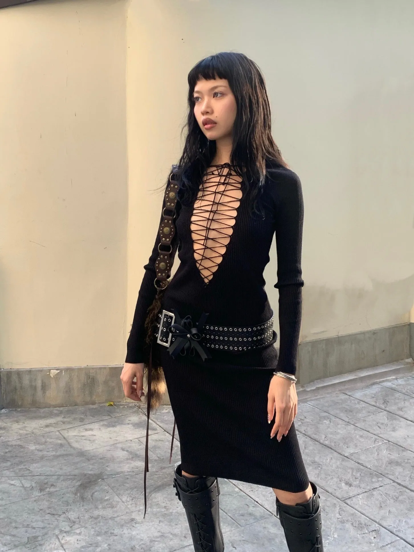 Hottie's autumn/winter sexy lace knit black slimming dress