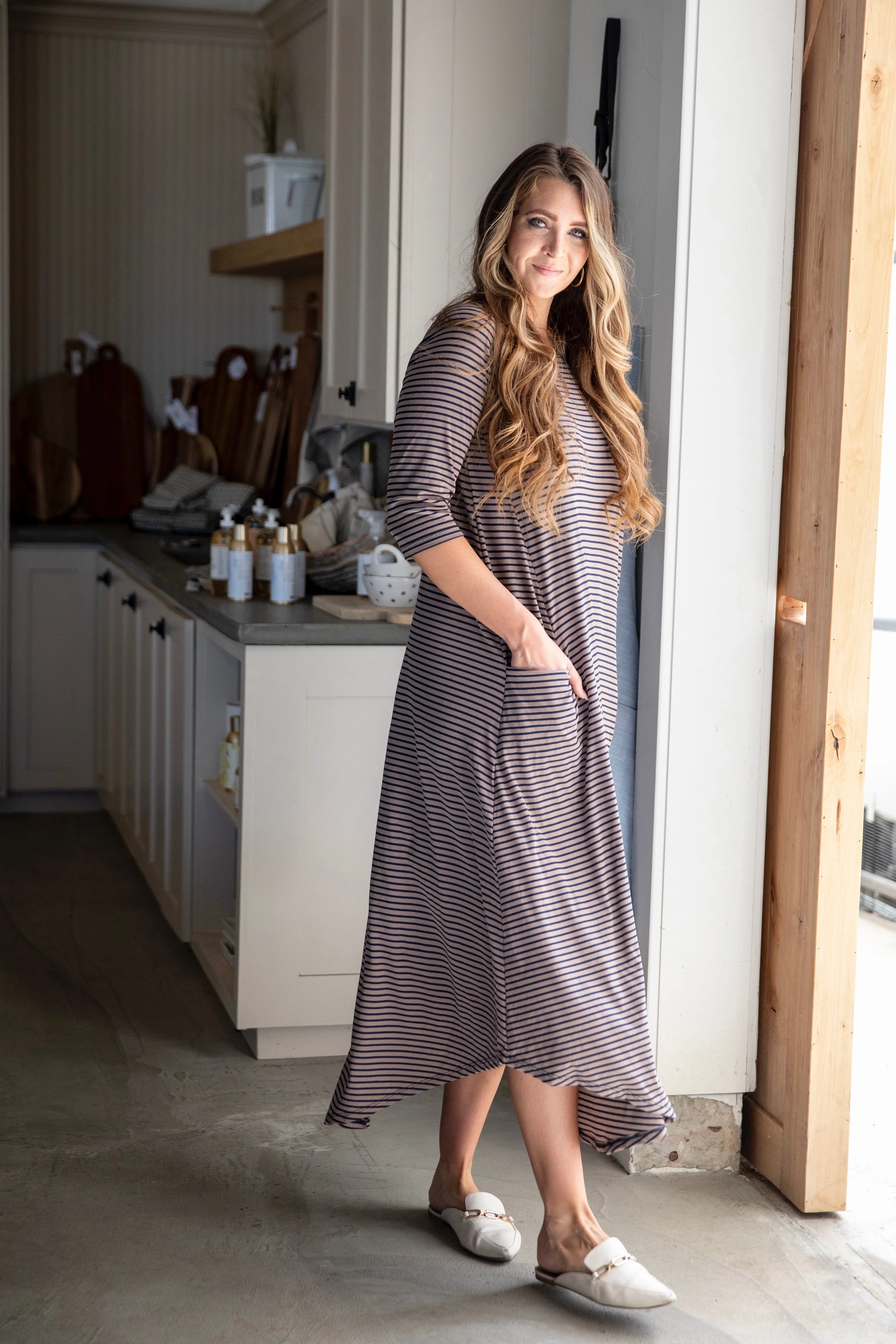 Jessi Dress Tan & Navy Stripped Rib