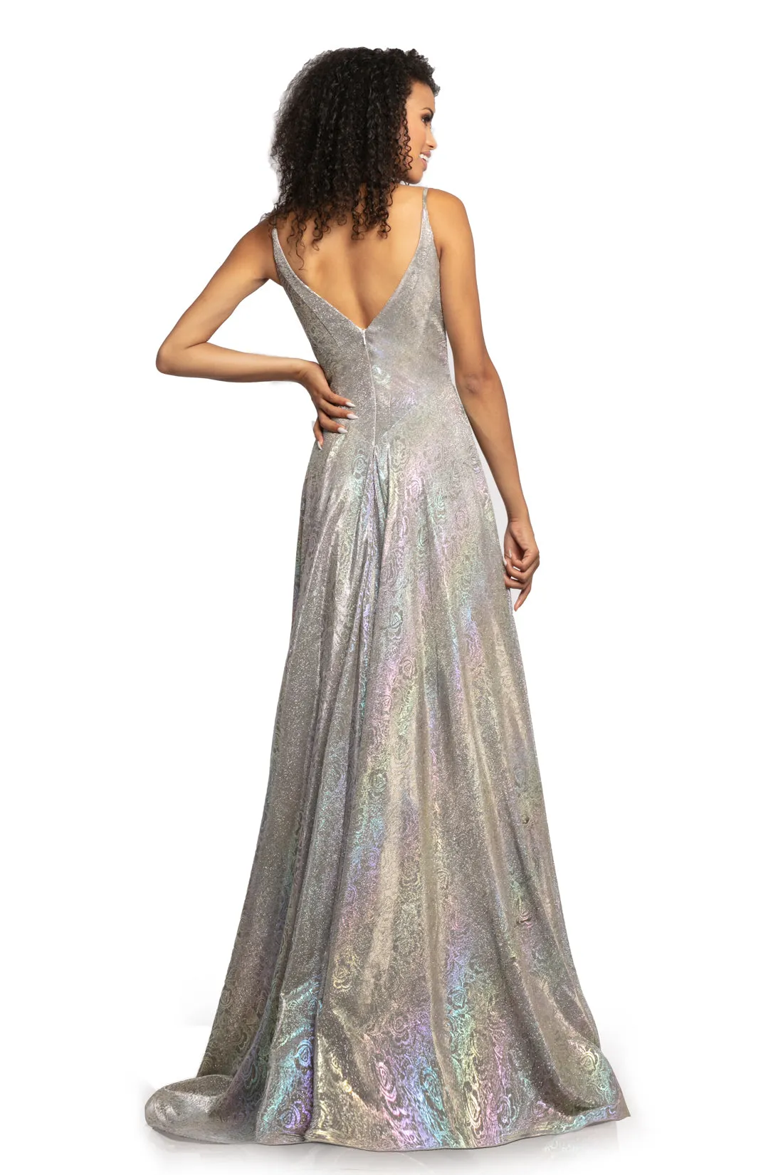 Johnathan Kayne 2094 Size 2 Iridescent Royal Metallic Prom Dress Plunging Neckline Holographic