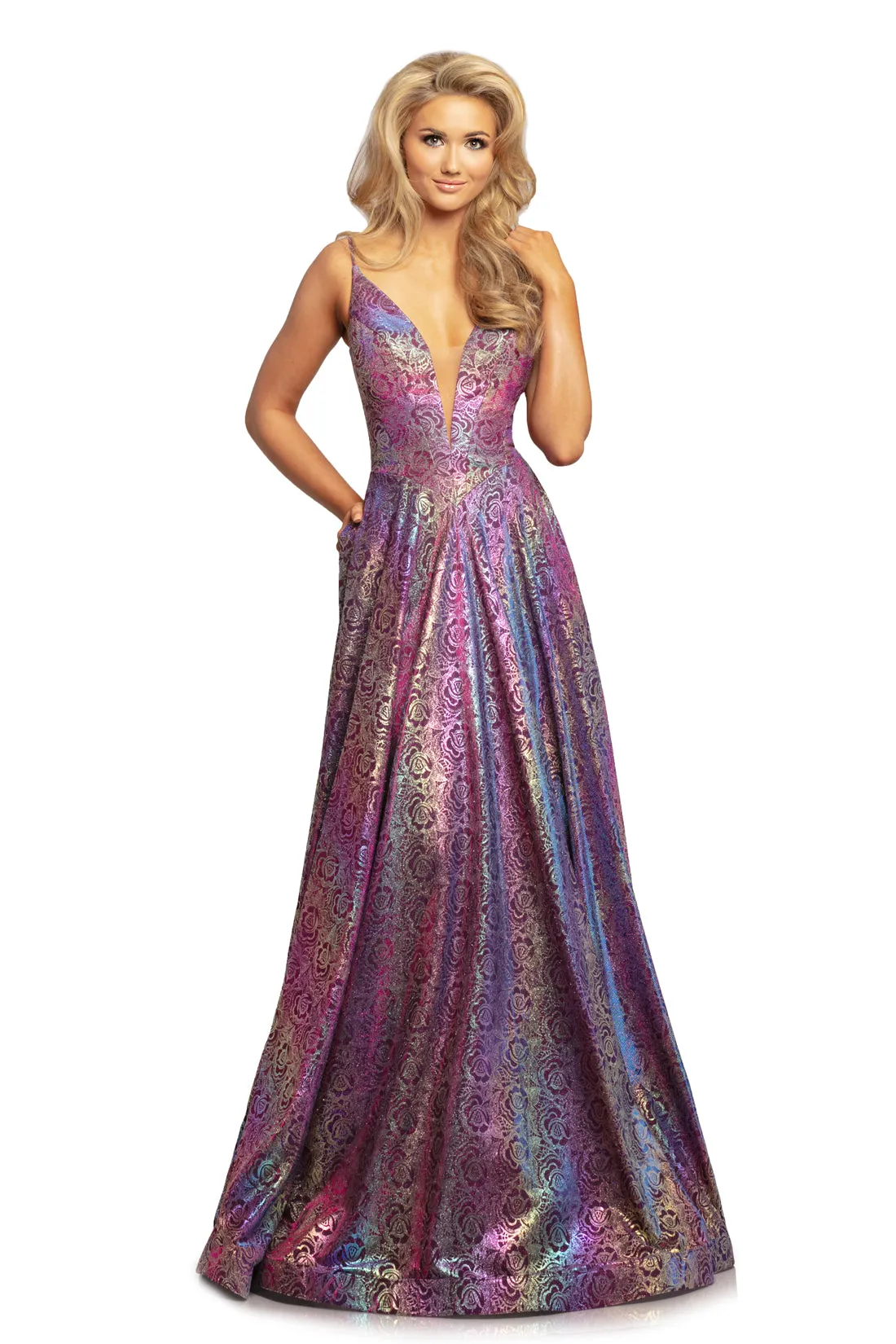 Johnathan Kayne 2094 Size 2 Iridescent Royal Metallic Prom Dress Plunging Neckline Holographic