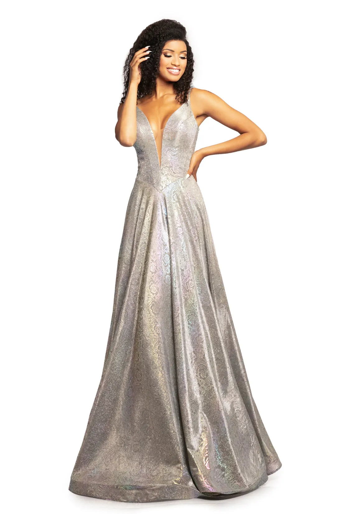 Johnathan Kayne 2094 Size 2 Iridescent Royal Metallic Prom Dress Plunging Neckline Holographic