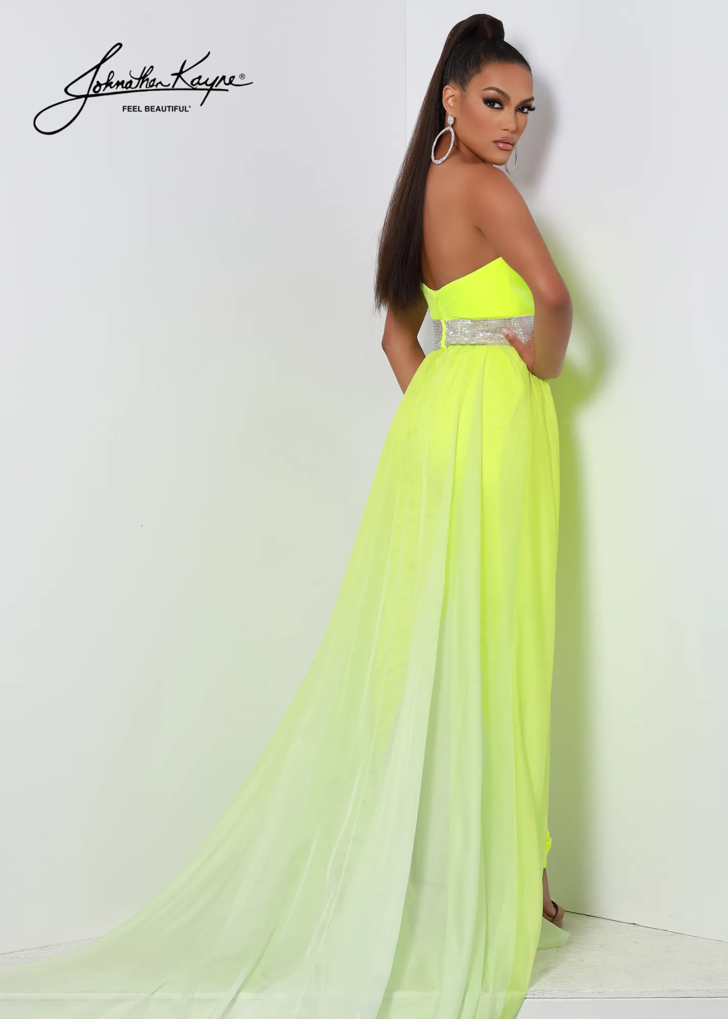 Johnathan Kayne 2609 Size 10 Neon Yellow Long Velvet Jumpsuit Chiffon Overskirt Crystal Waist Pageant Fun Fashion