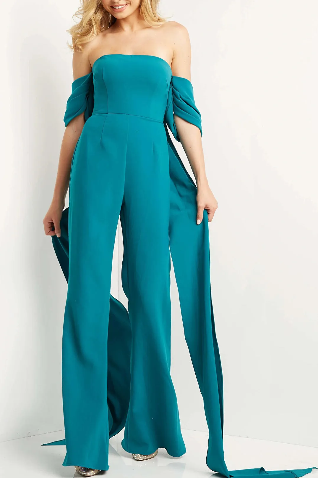 Jovani off the shoulder scuba crepe jumpsuit