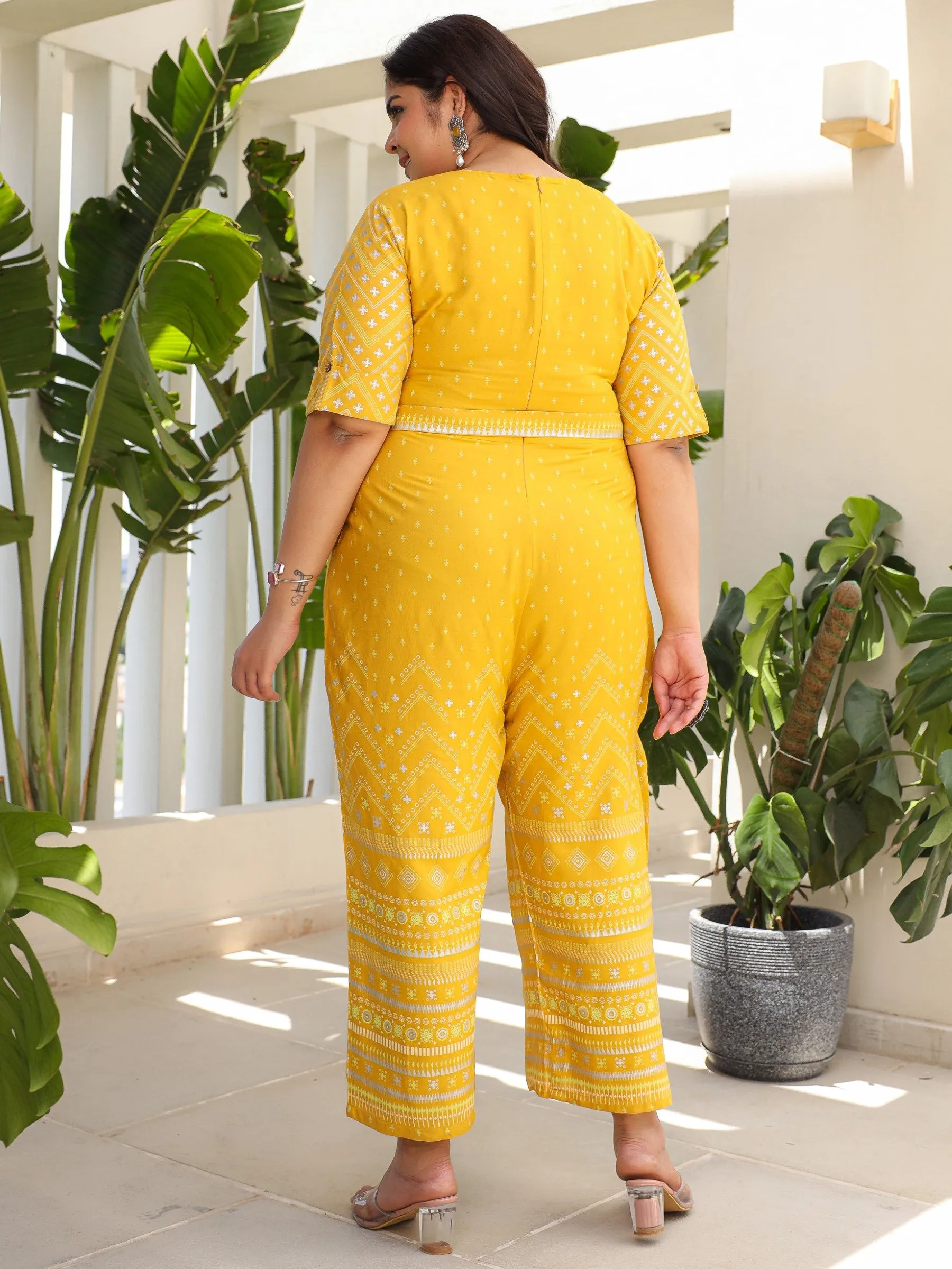 Juniper Mustard Ethnic Motif Printed Rayon Flex Jumpsuit.