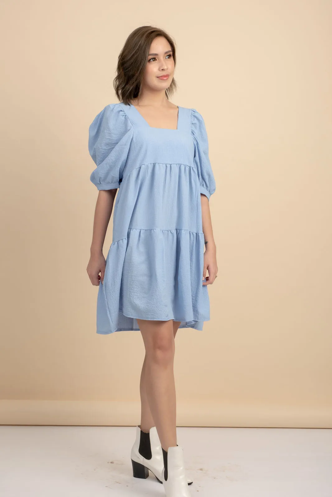 Kattie Blue Babydoll Dress Textured Fabric