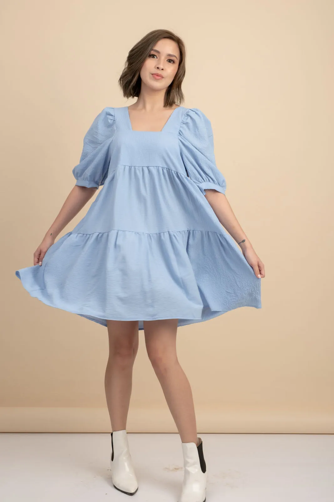 Kattie Blue Babydoll Dress Textured Fabric