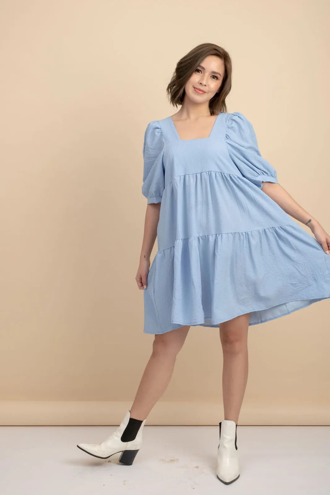 Kattie Blue Babydoll Dress Textured Fabric