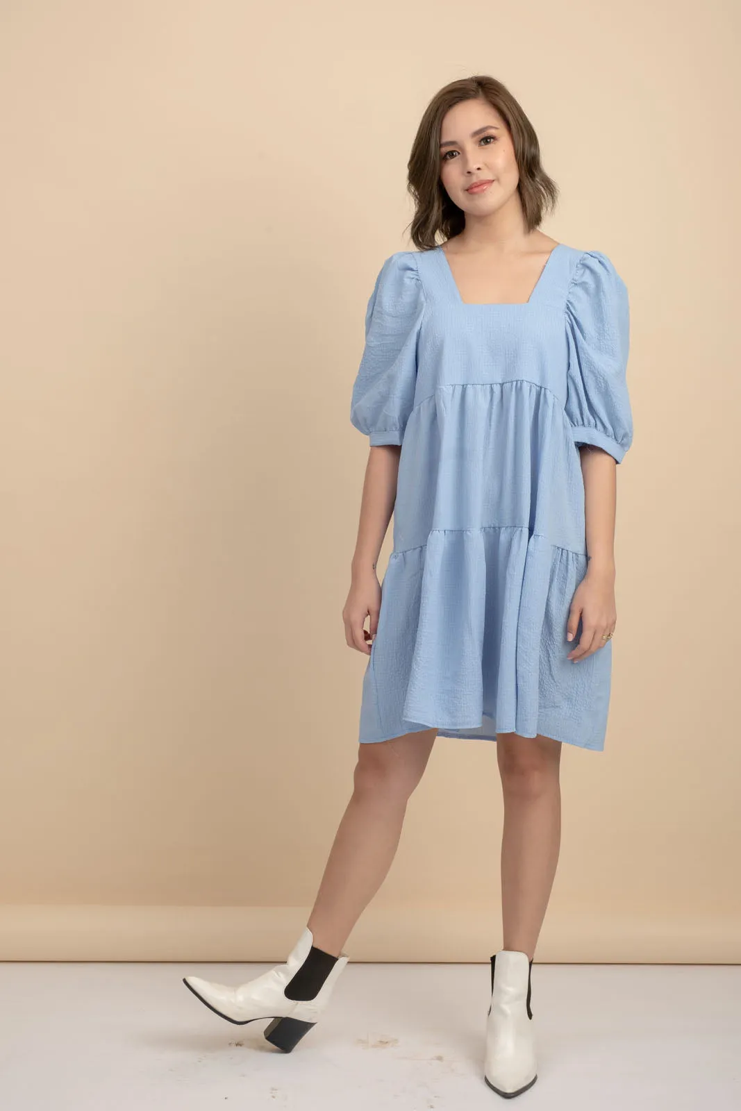 Kattie Blue Babydoll Dress Textured Fabric