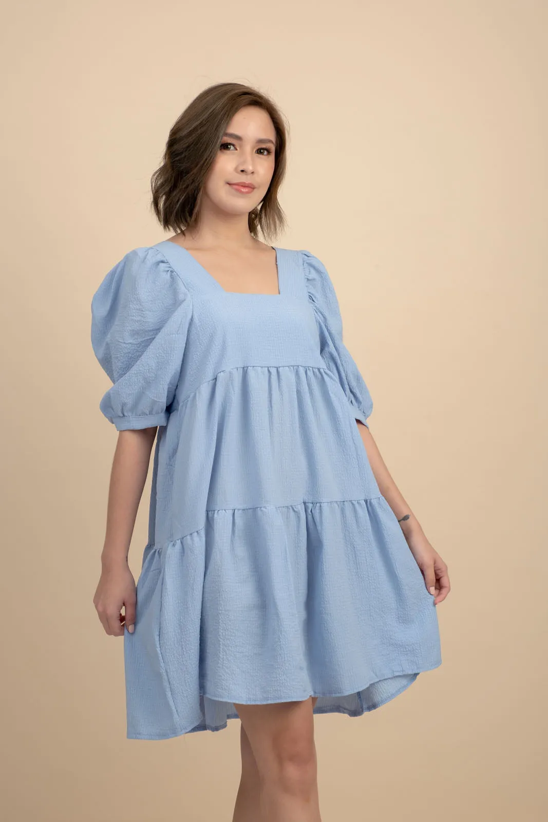 Kattie Blue Babydoll Dress Textured Fabric