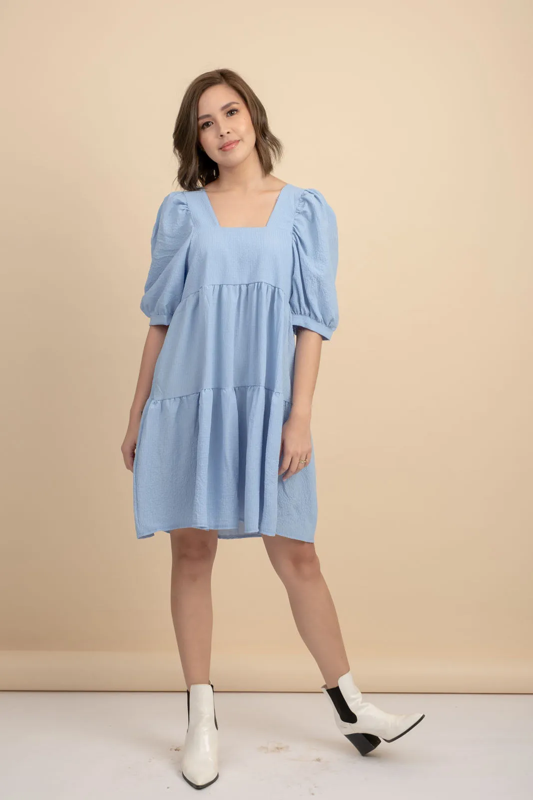 Kattie Blue Babydoll Dress Textured Fabric