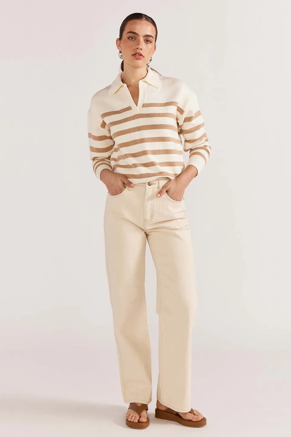 Kennedy White Natural Stripe Polo Knit Jumper