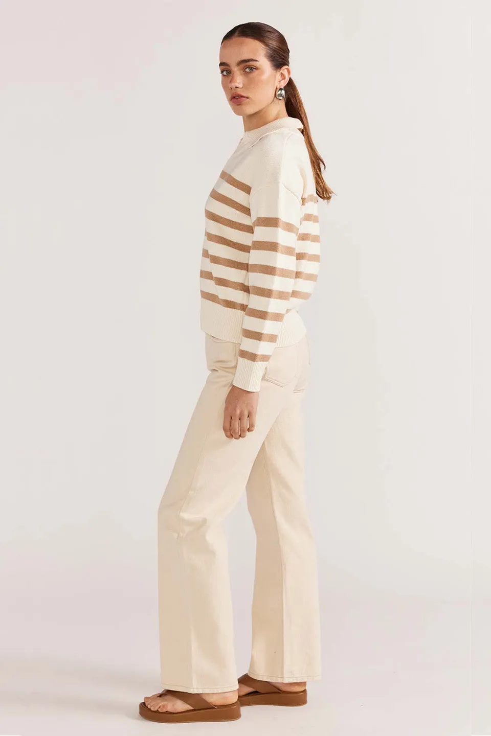 Kennedy White Natural Stripe Polo Knit Jumper