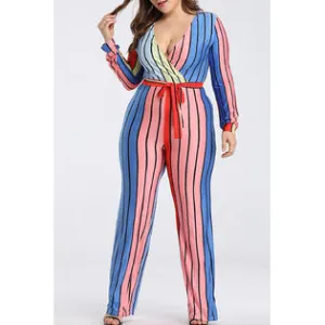 Ketty More Women Deep Neck Tie Band Striped Long Jumpsuit-WJC63521