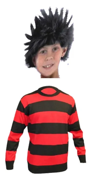 Kids Boys Knitted Black Red Striped Jumper & Spiky Black Wig Fancy Dress Set